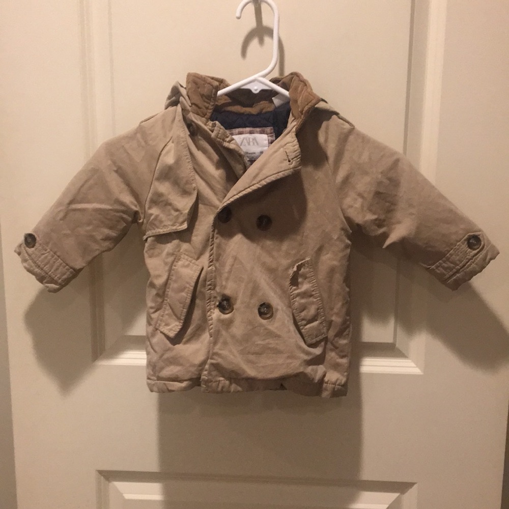 ZARA boys Button Down hood Jacket corduroy collar,quilted liner kid 12-18M beige